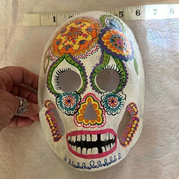 Art Mask Hand Crafted Painted Sugar Skull Skeleton Unique Paper Mache - Picture 7 of 7